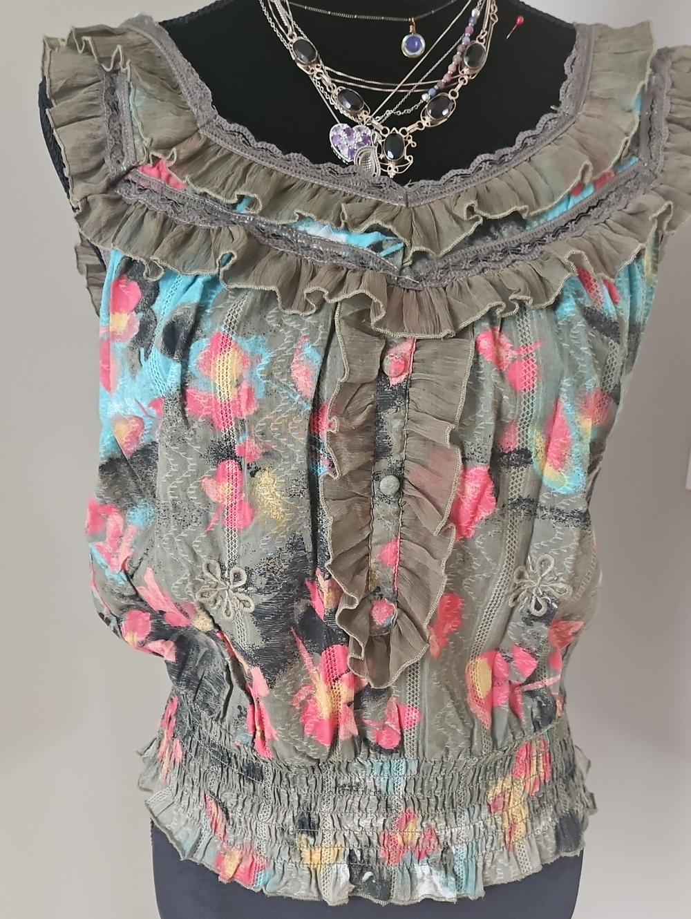 American Rag Olive Floral Ruffle Sleeveless Blouse with Pink & Aqua Accents